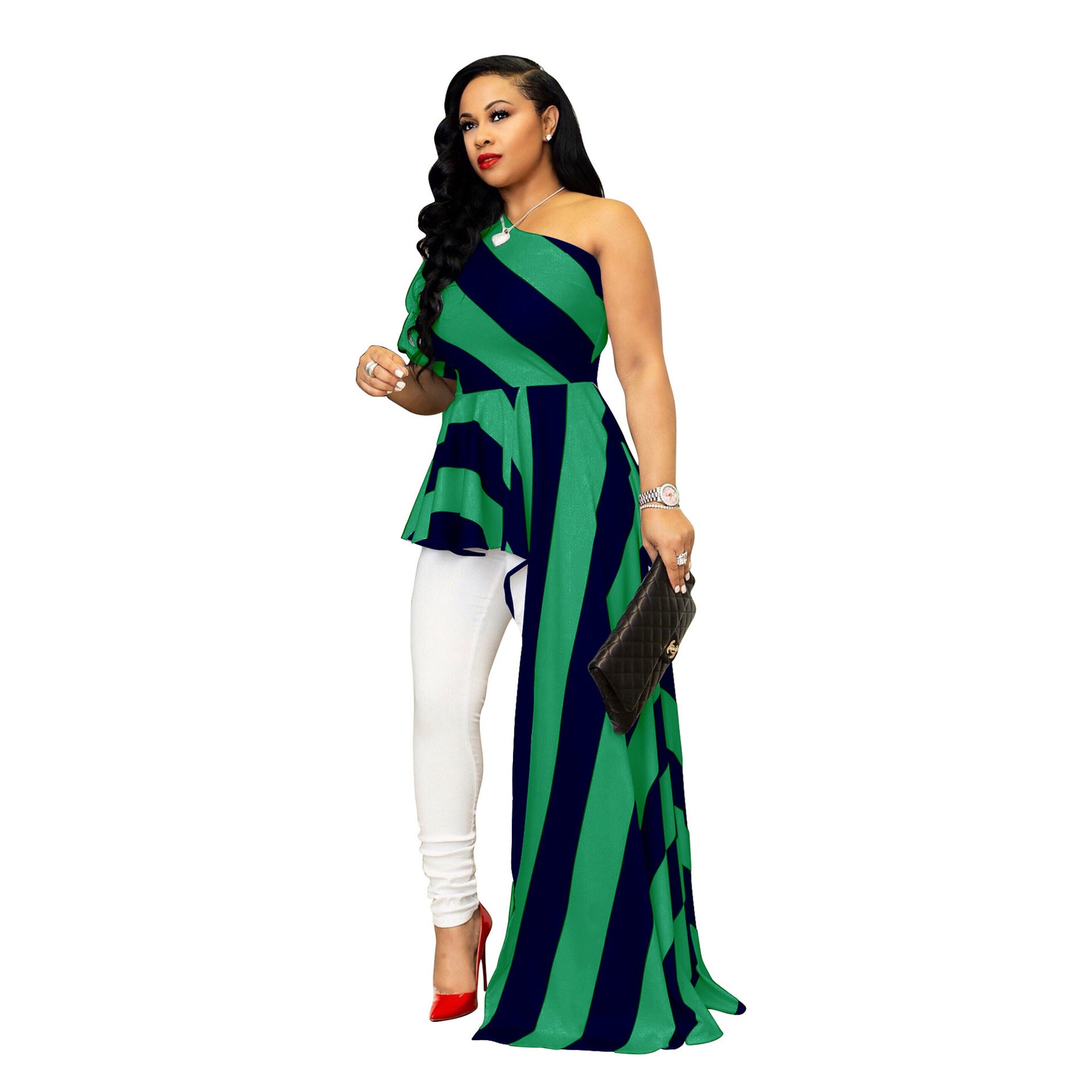 Oblique Shoulder Striped Long Dress for Women