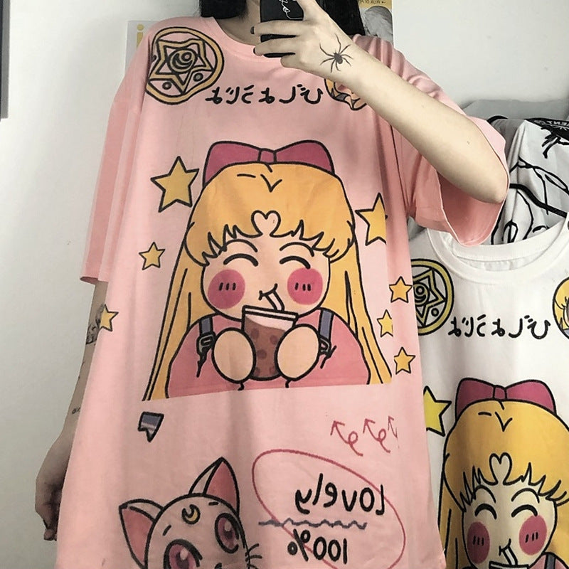 Summer Korean Cartoon Print Loose T-Shirt for Women