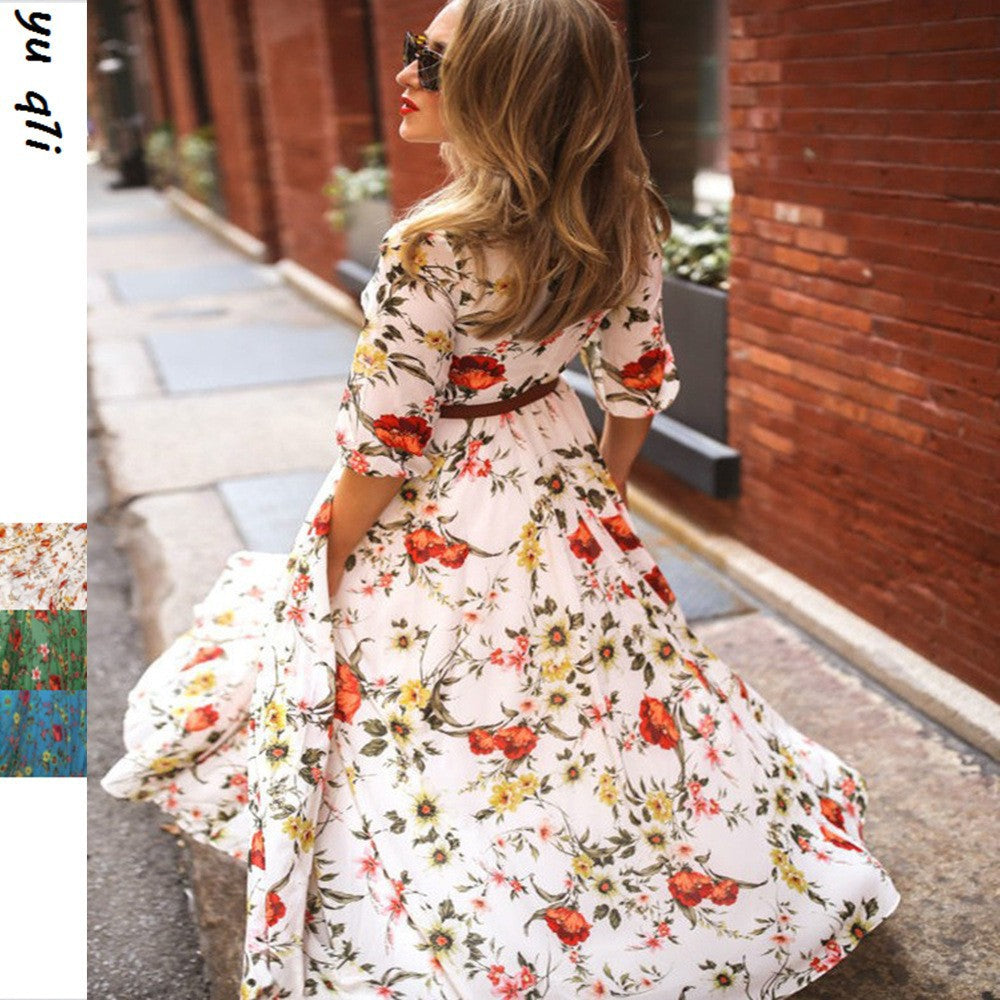 2024 Spring Autumn Floral Chiffon Long Dress