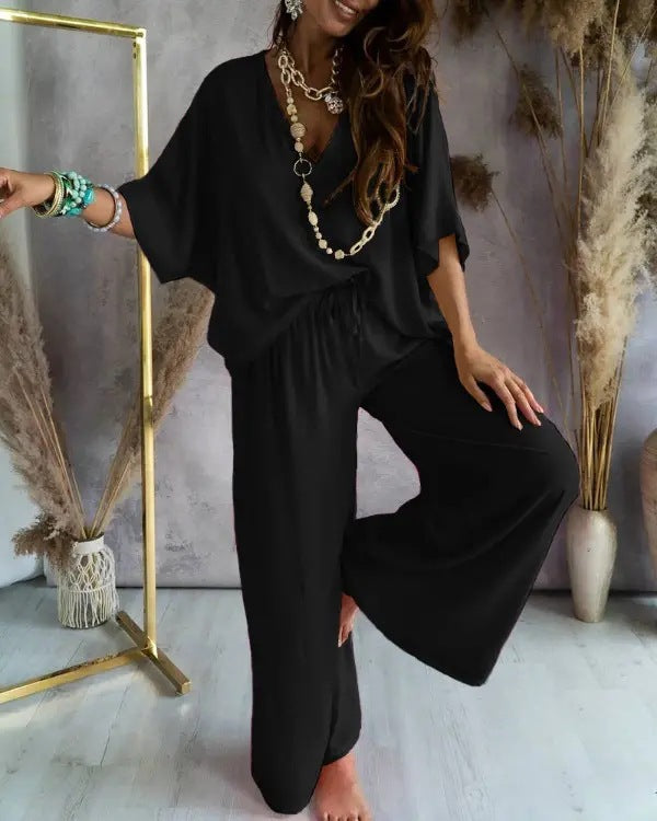 2023 Summer V-Neck Batwing Sleeve Cotton Set