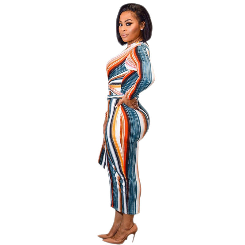 The Hiver Striped Long Sleeve Midi Dress | Evarisluxe