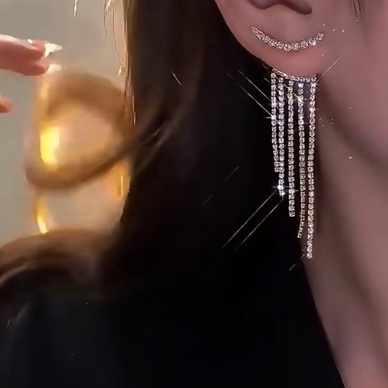 Evarisluxe Rhinestone Multi-Chain Tassel Earrings