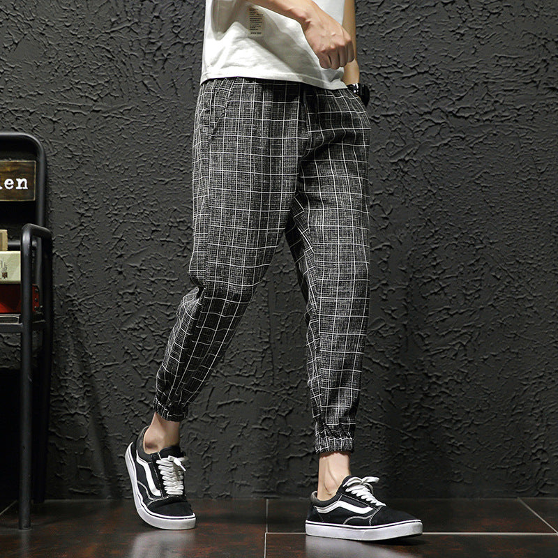 Men's Casual Loose Fit Plaid Linen Ankle Pants