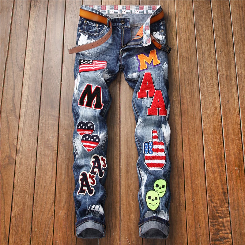 Embroidered Flag Badge Slim Fit Jeans for Men
