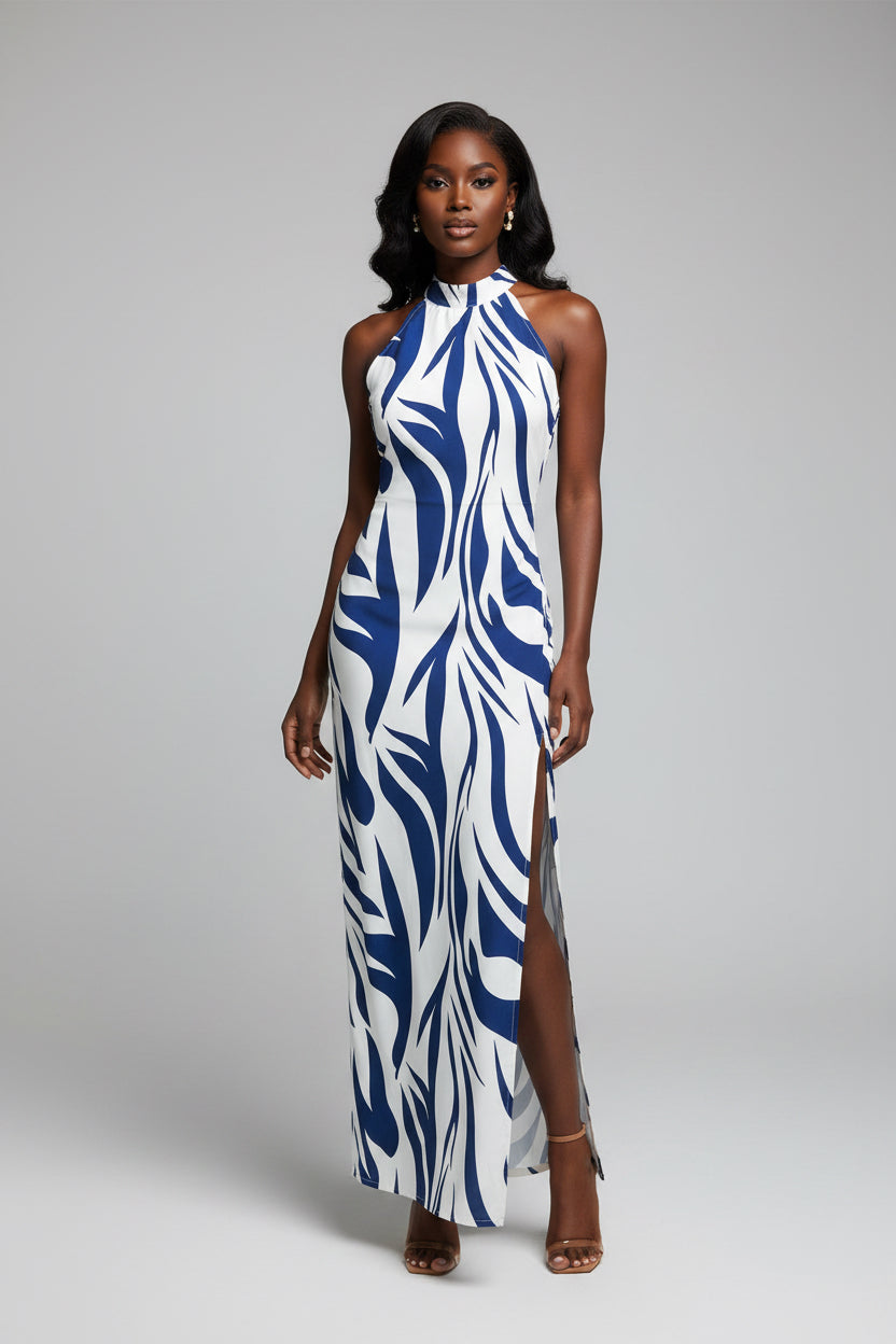 Mannequin wearing a blue and white patterned dress against a plain background
