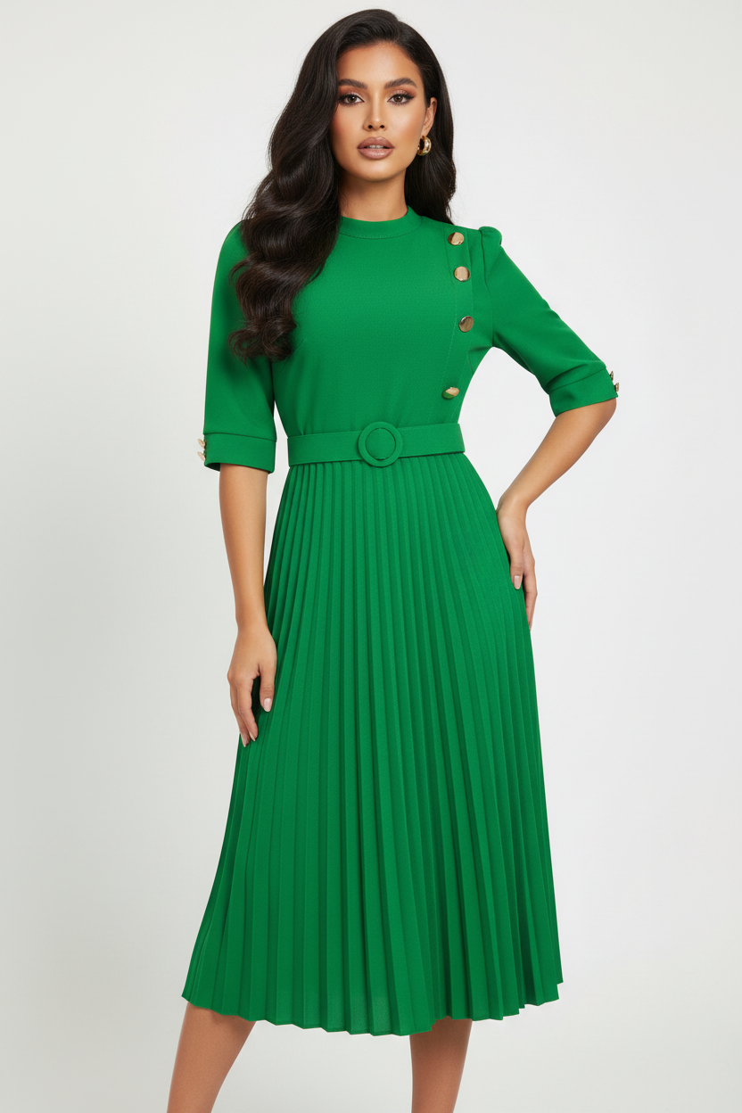 Green dress with buttons and a belt, accompanied by two belt options on a white background.
