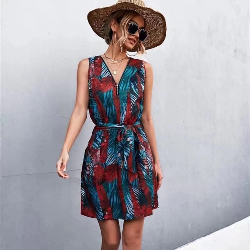 V-Neck Zip Dress for Women - Spring and Summer