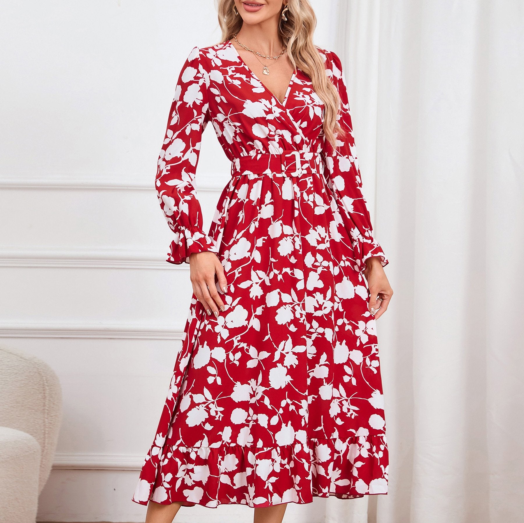 Retro V-neck Printed Dress for Women