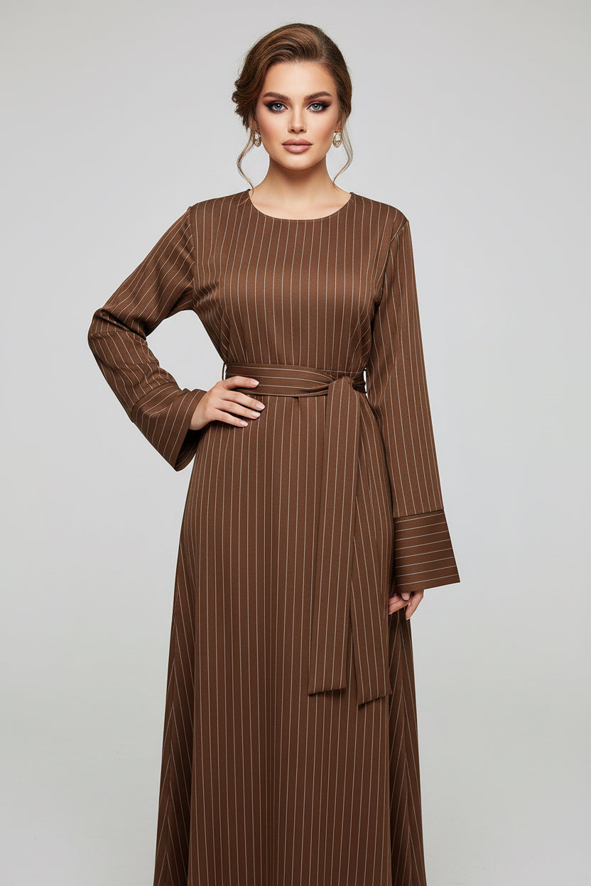 Brown pinstripe dress on a mannequin against a white background
