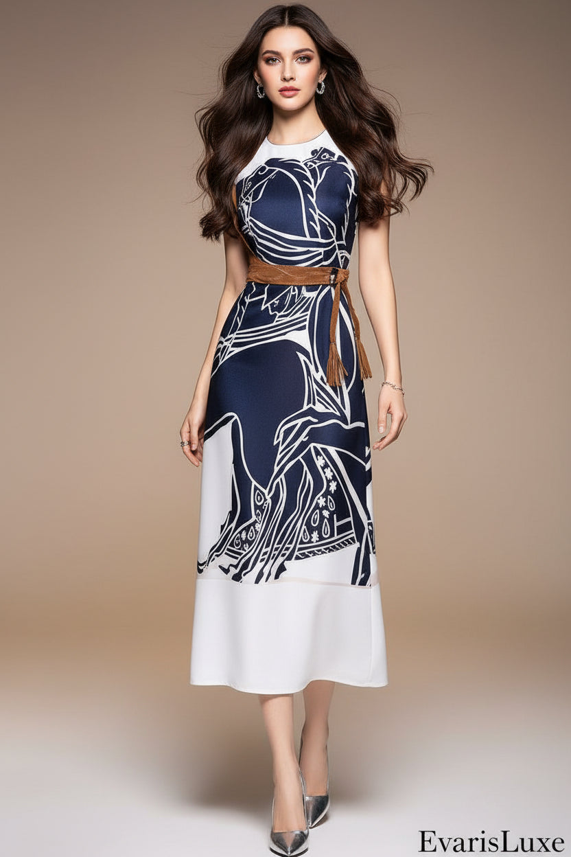 Woman wearing a sleeveless dress with a blue and white pattern on a gray background