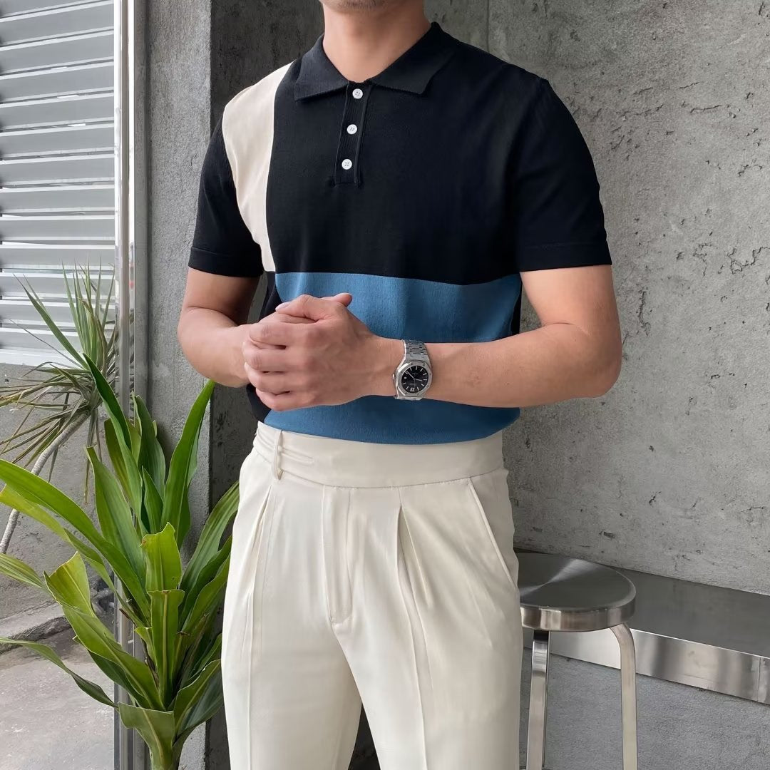 Trendy Color-Block Short Sleeve Polo Shirt for Men 2023
