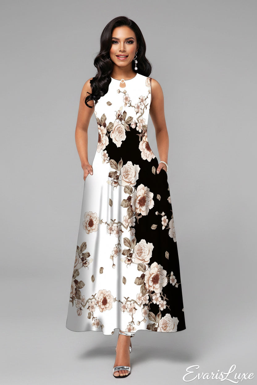 Woman wearing a floral dress with a black and white pattern on a gray background