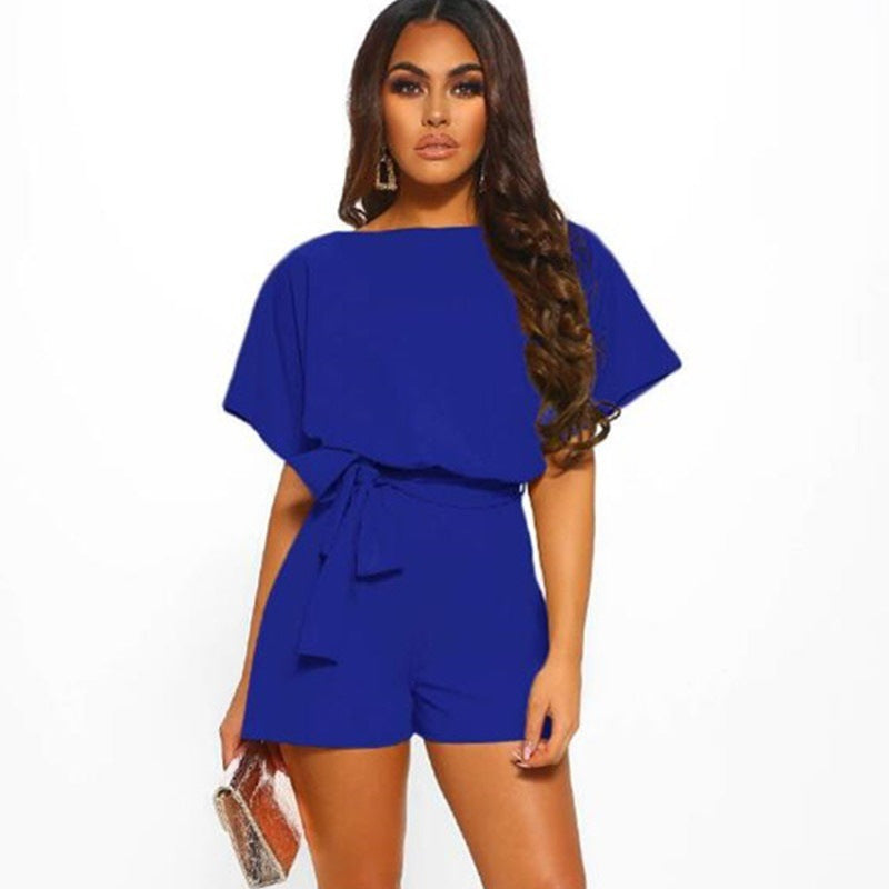 Fashionable Solid Color Belted Short Jumpsuit for Summer