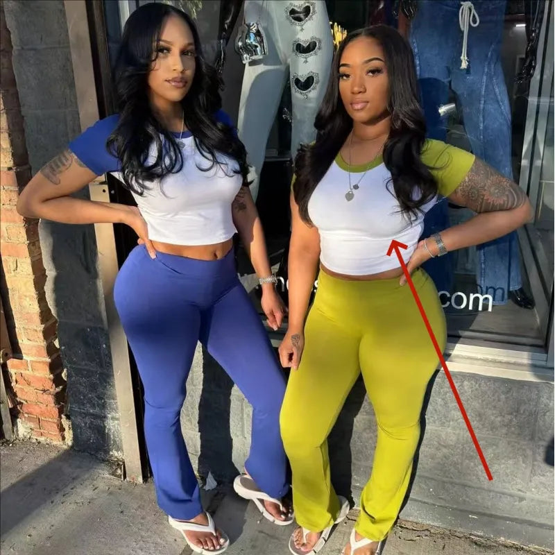 Women's Contrast Color Short Sleeve Top & Trousers 2-Piece Casual Set