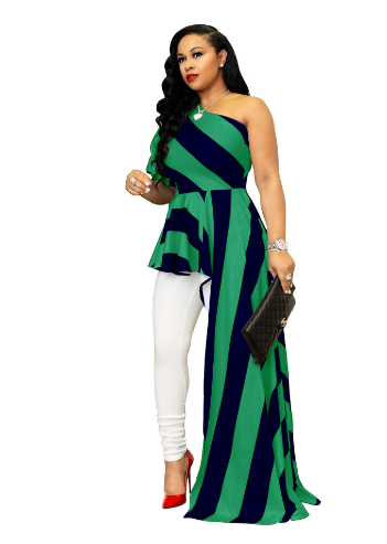 Oblique Shoulder Striped Long Dress for Women