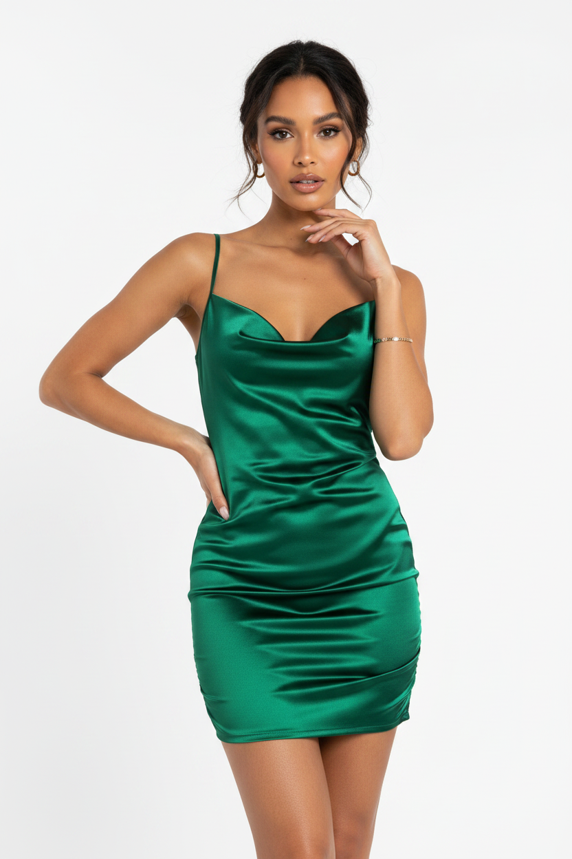 Green satin dress on a white background