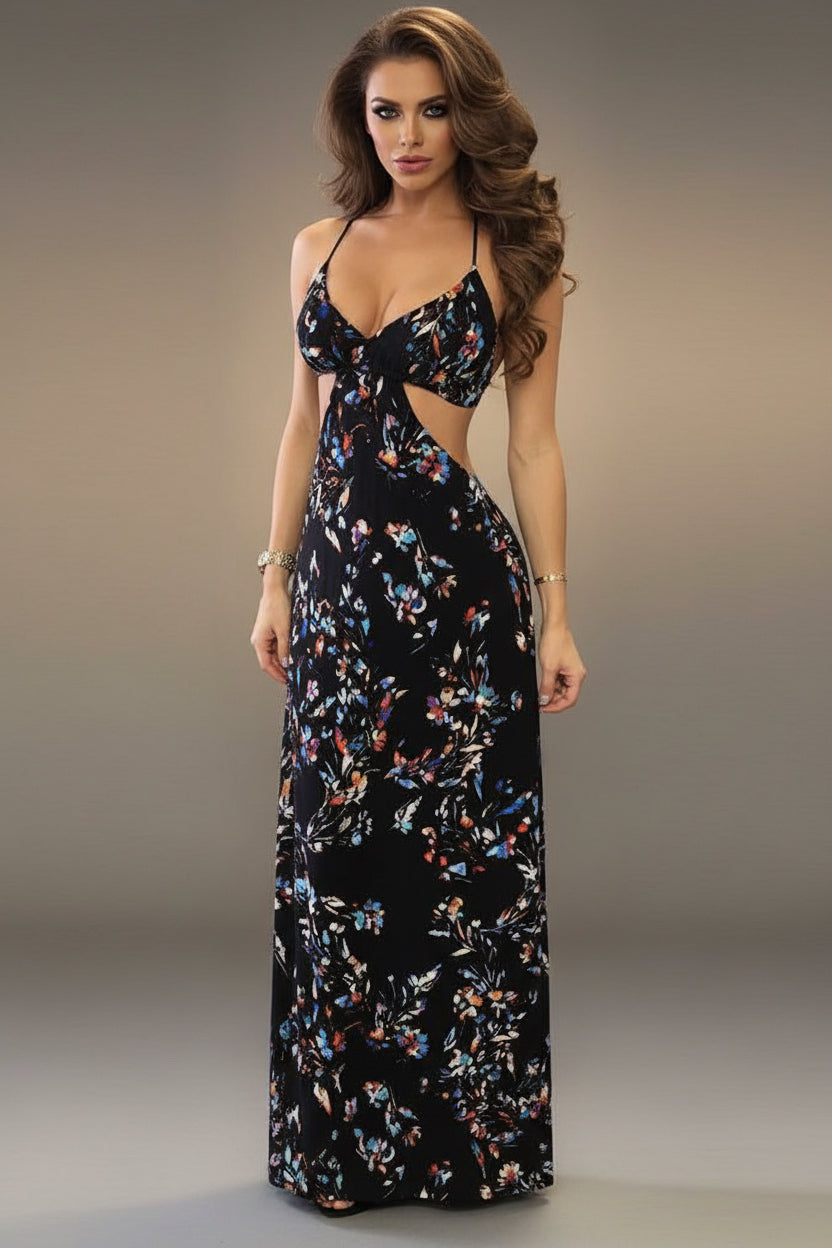 Black floral dress shown from front, back, and side views.
