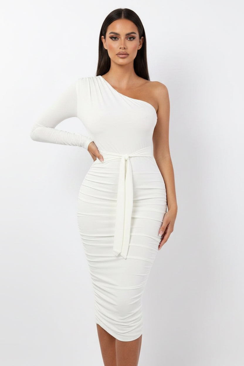 White one-shoulder dress on a white background