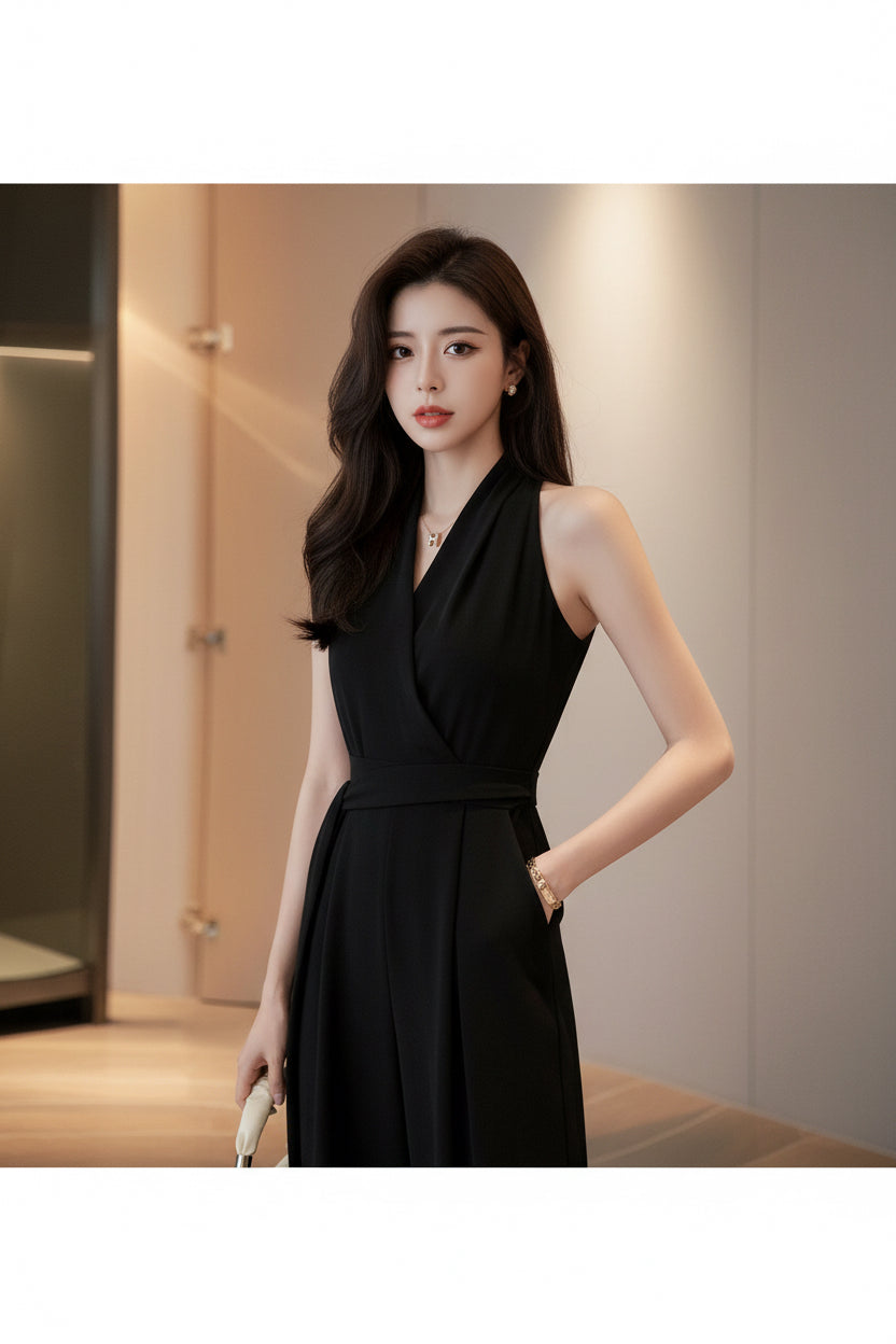 Woman in a black dress taking a mirror selfie in an indoor setting.