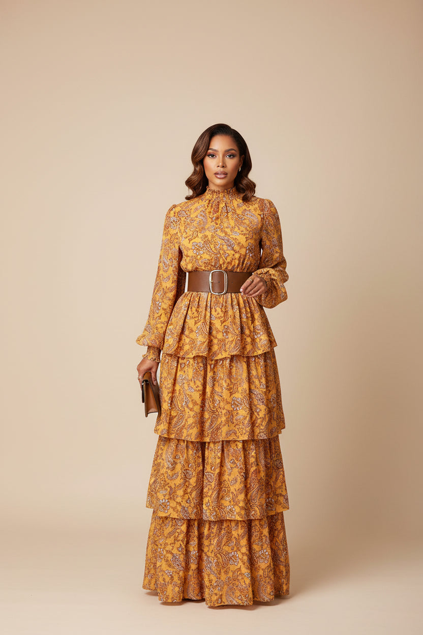 Person wearing a yellow floral dress with a brown belt on a sidewalk.