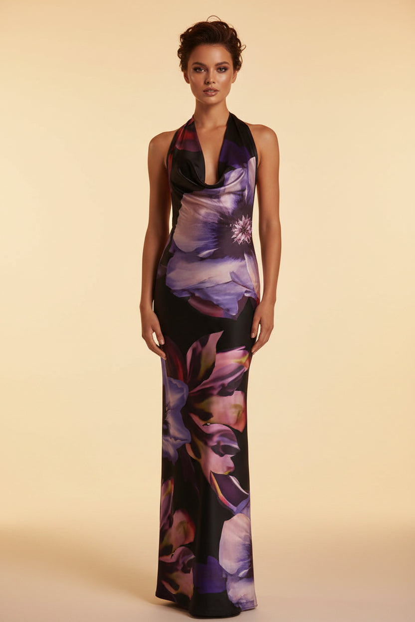 Long floral dress on a mannequin with a white background