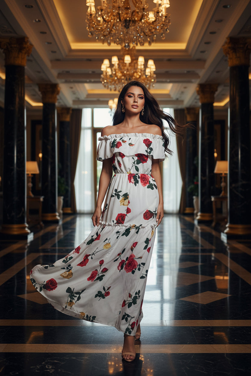 Floral off-shoulder dress on a white background