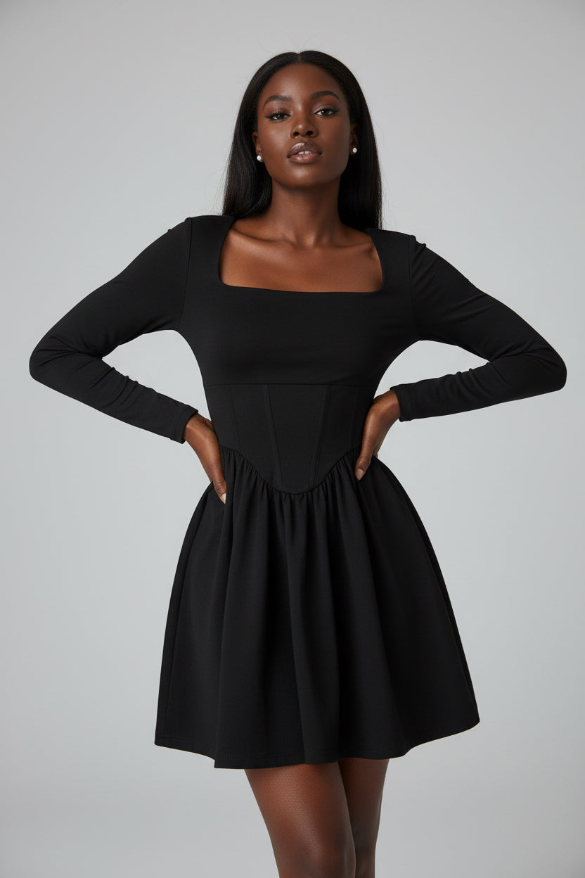 Black dress worn by a person with a neutral background