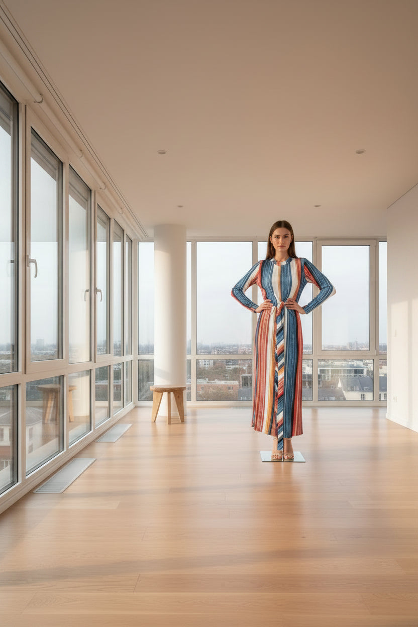 The Hiver Striped Long Sleeve Midi Dress | Evarisluxe