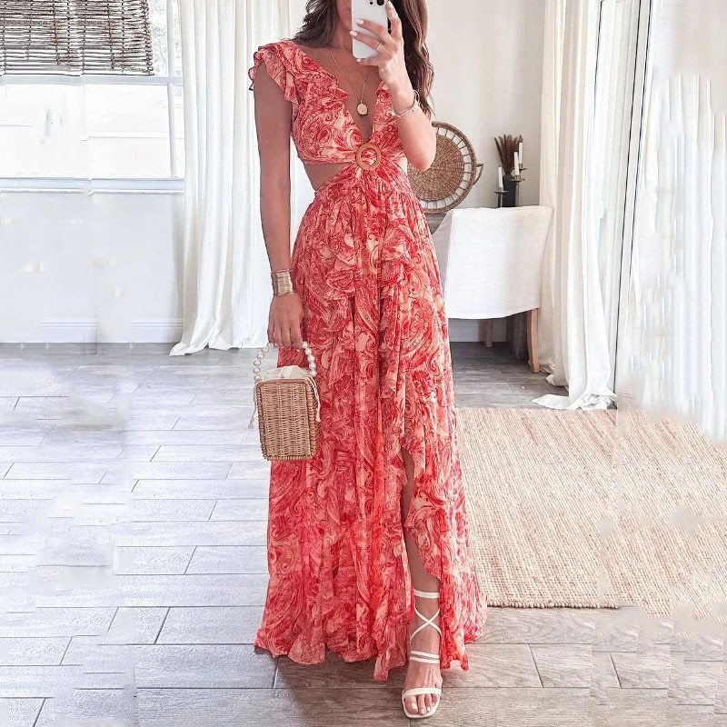 2023 Summer Print Deep V Sexy Long Dress for Women