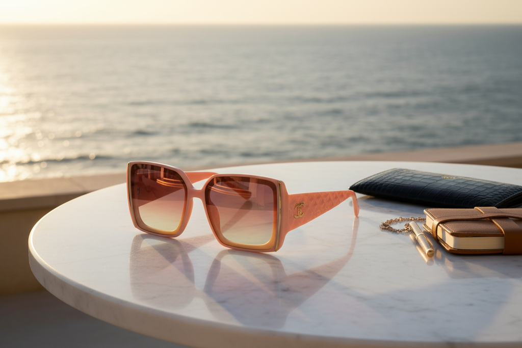 Pink sunglasses with Chanel logo and packaging in the background
