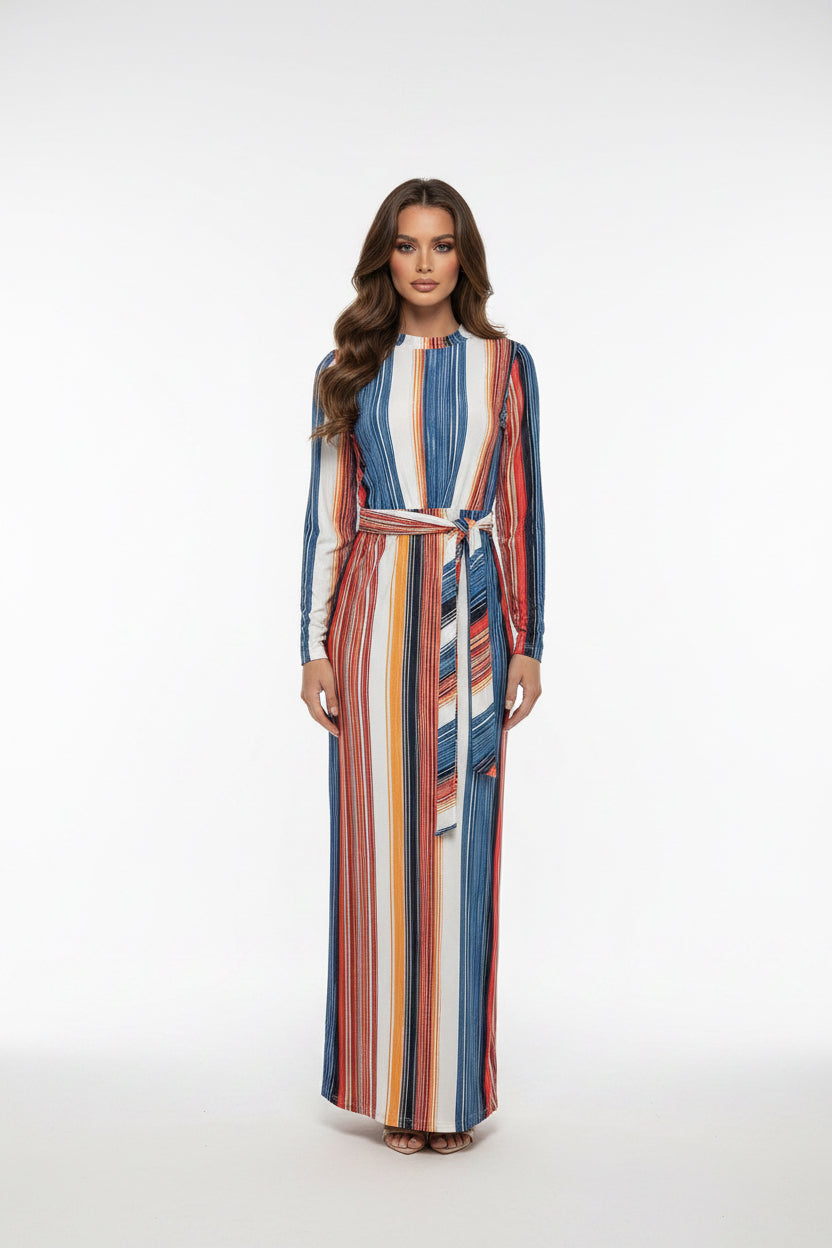 Mannequin wearing a colorful striped dress on a white background