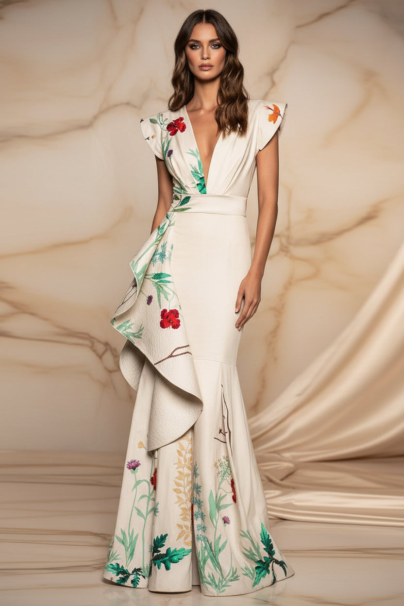 Woman wearing a floral dress on a white background