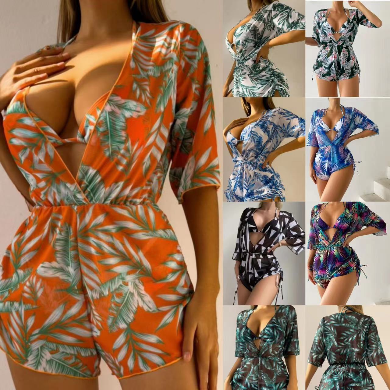 2023 Fashionable Three-Piece Bikini Set with Leaves Print