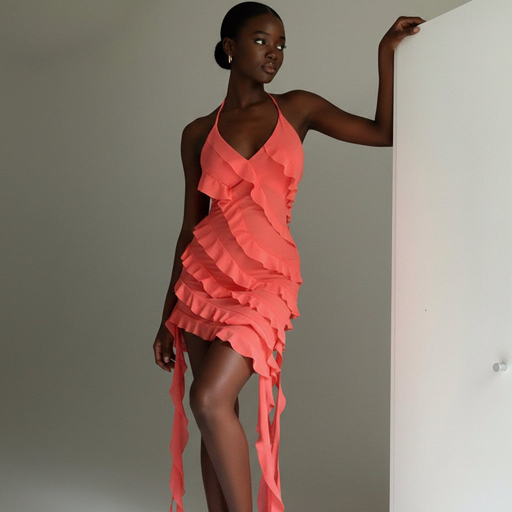 Red ruffled dress worn by a model against a neutral background