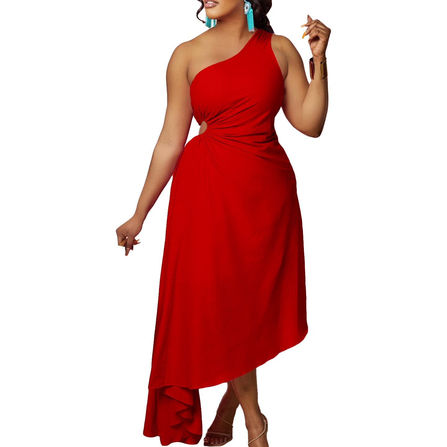 Evarisluxe Fashionable Diagonal Shoulder Dress