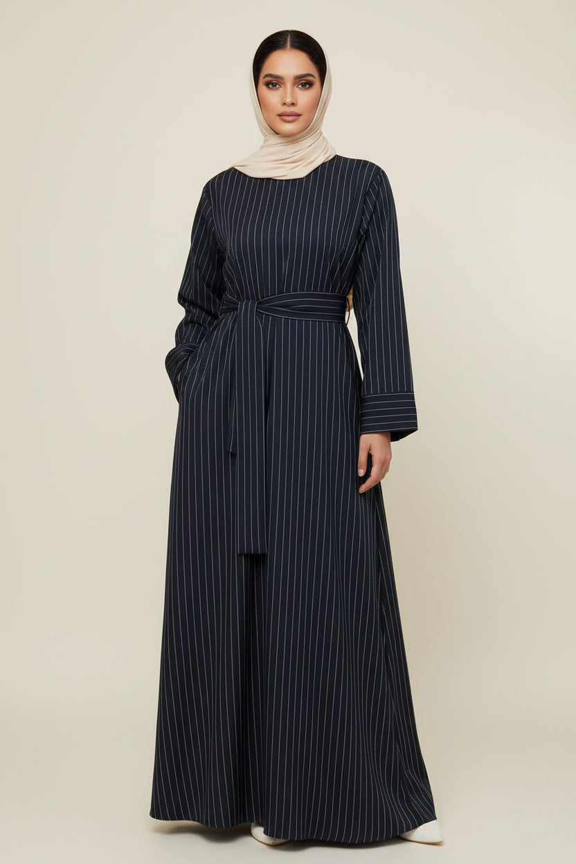 Three women wearing long, striped dresses in blue, brown, and black.