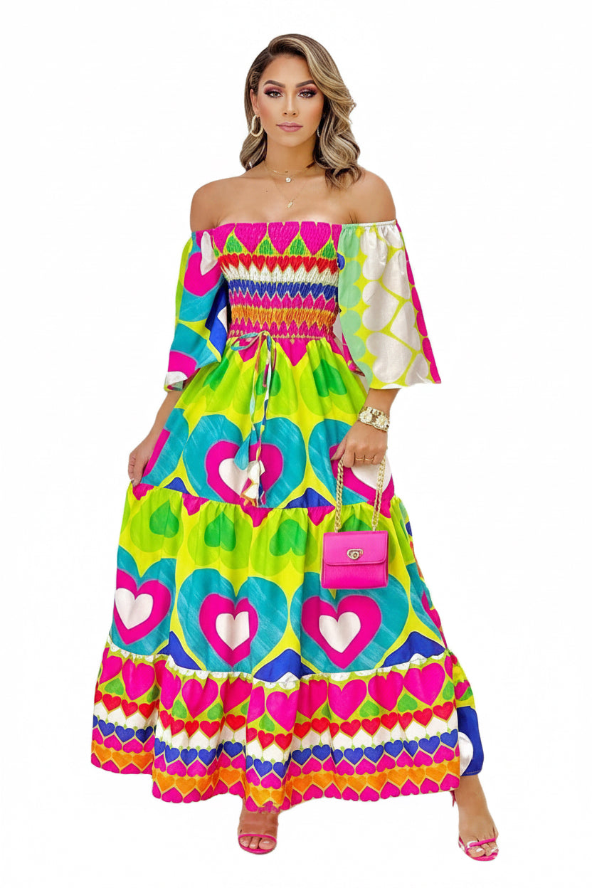Colorful off-shoulder dress with heart patterns on a white background