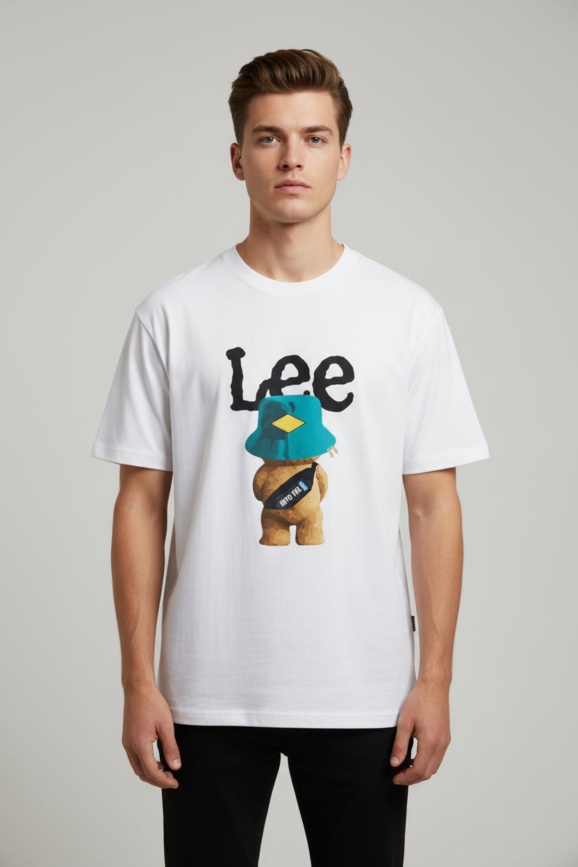 White t-shirt with a bear graphic and 'Lee' text on a white background