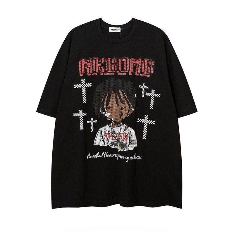 Korean Retro Cartoon Printed Hip Hop T-Shirt for Men