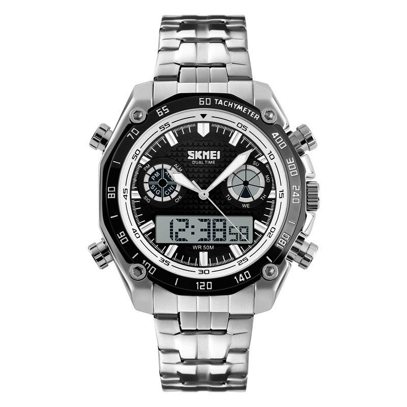Large Dial Steel Band Men's Watch - Dual Display Business Watch