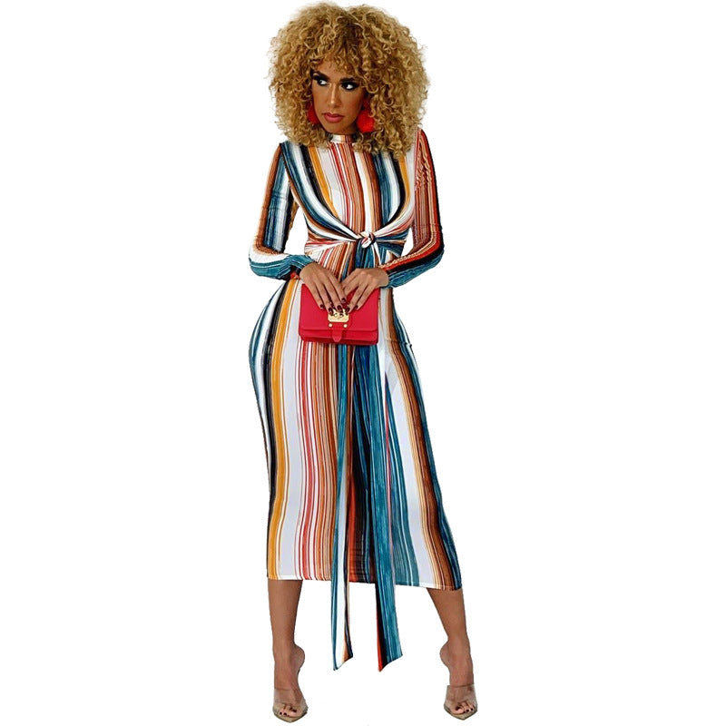 The Hiver Striped Long Sleeve Midi Dress | Evarisluxe