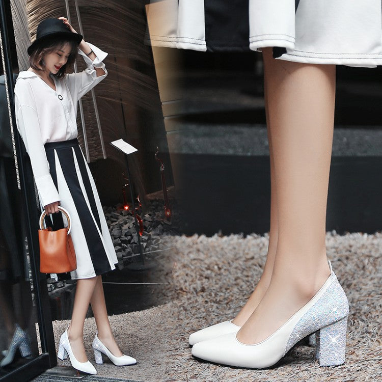 Woman wearing white high-heeled shoes with a blurred background