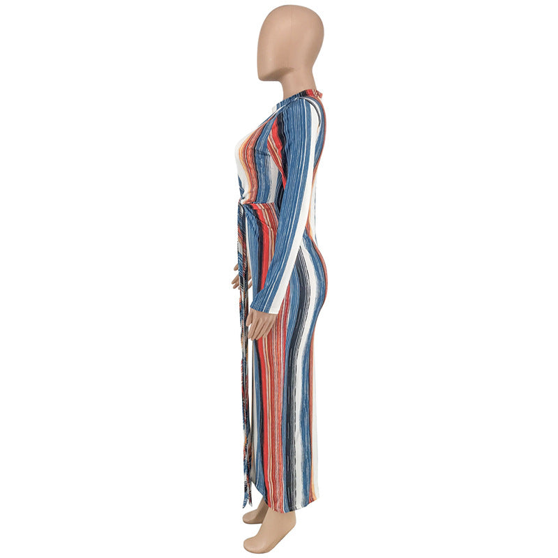 The Hiver Striped Long Sleeve Midi Dress | Evarisluxe