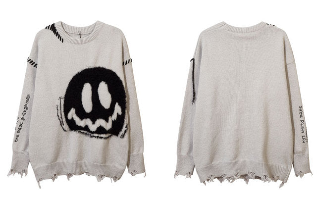 Hip Hop Men’s Ripped Smiley Face Knitted Sweater
