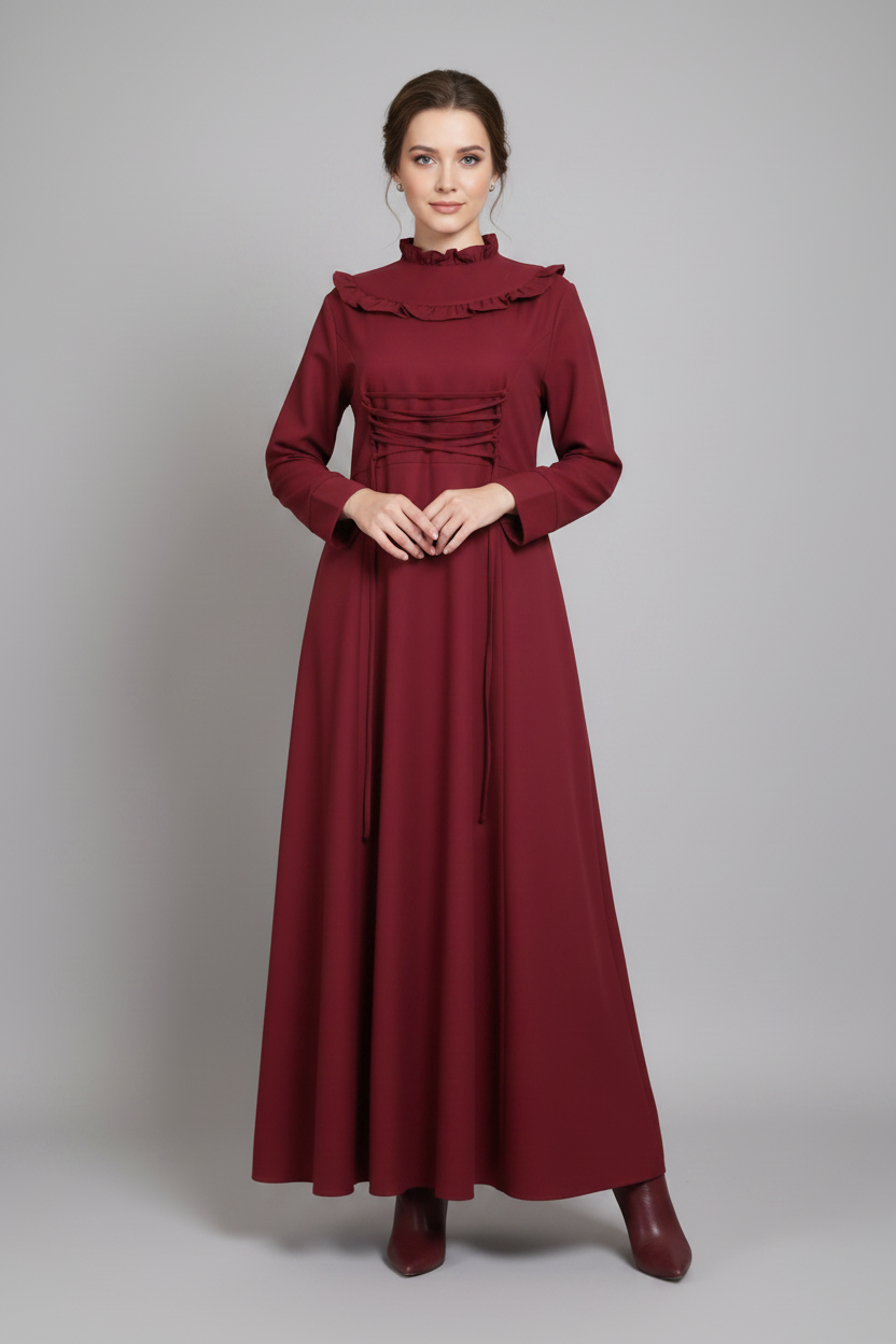 Maroon long-sleeve dress with a high collar on a white background