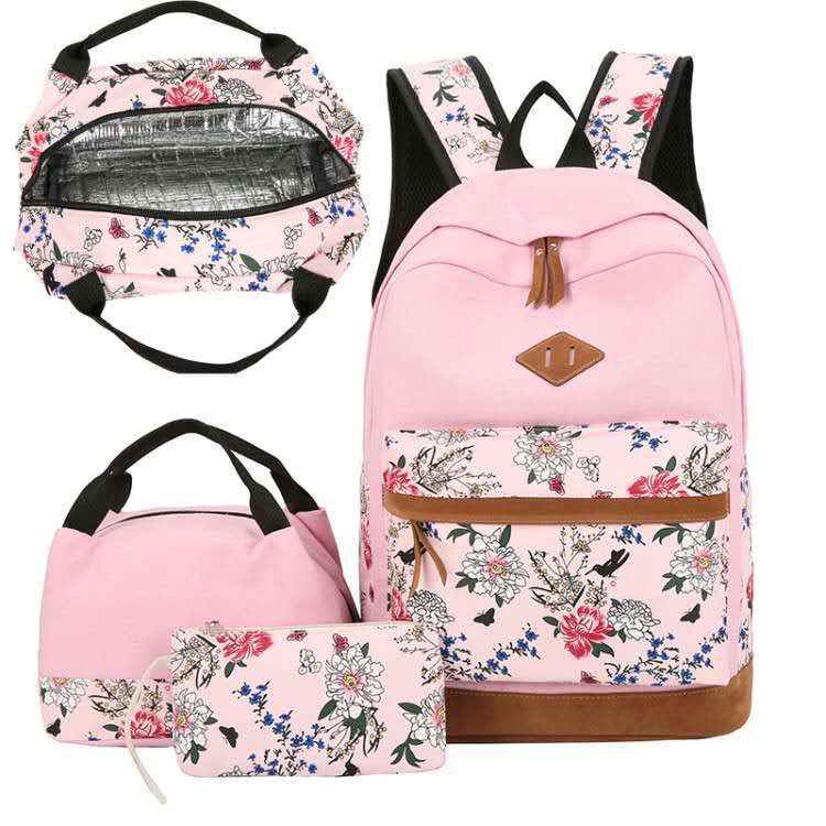 Floral Bags Set: Backpack, Lunch Bag, and Wallets (3pcs)