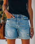 Ladies' Ripped Washed Denim Shorts for Summer