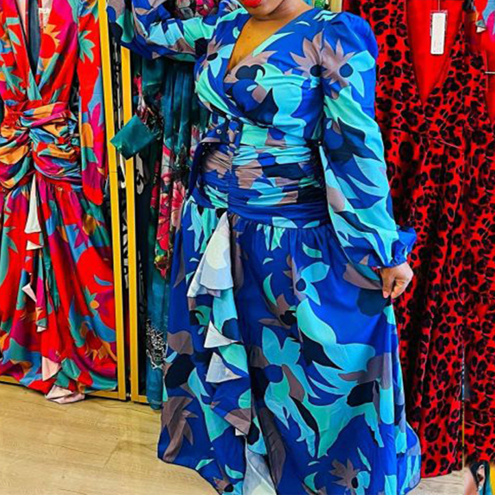 Evarisluxe Vintage Printed Deep V Split Dress
