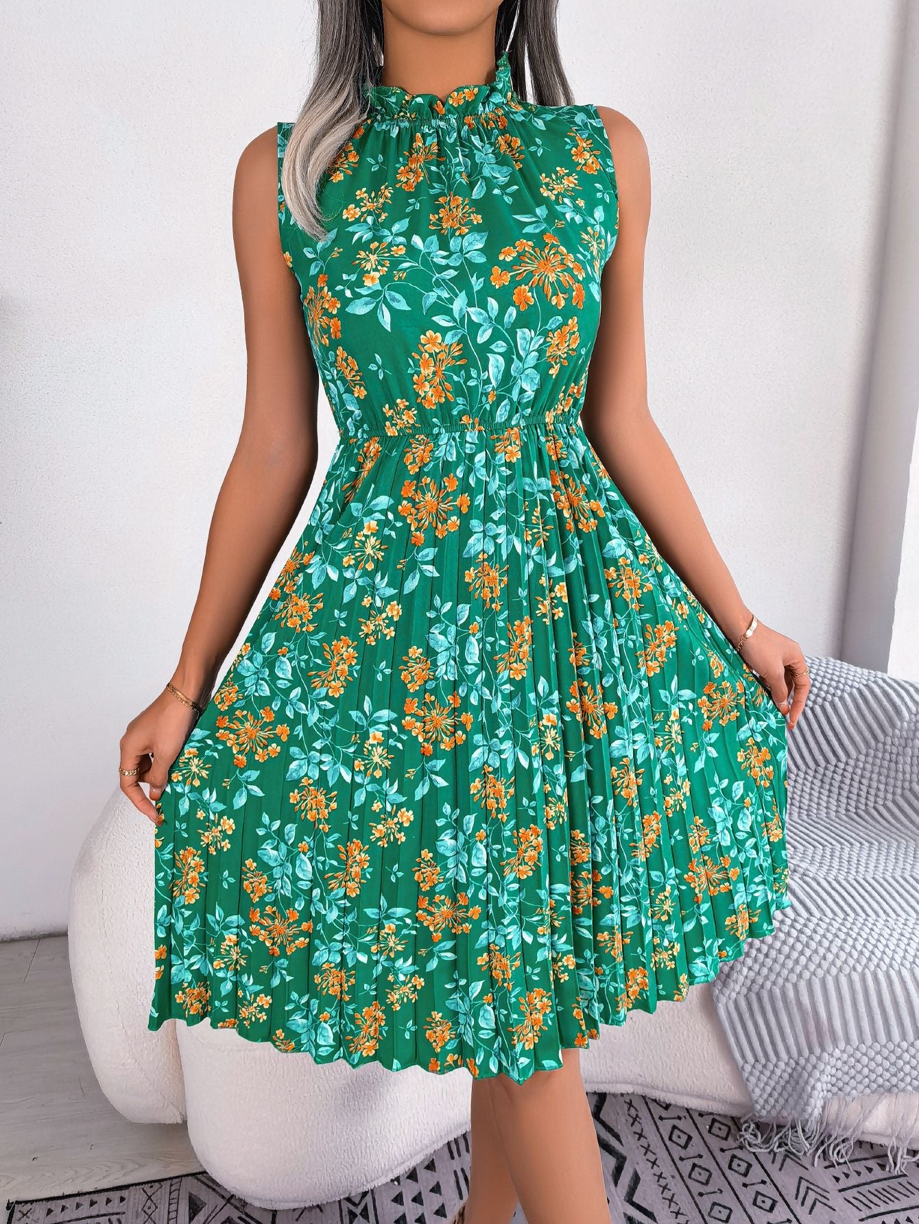 Spring Summer Ruffle Floral Pleated Dress for Women