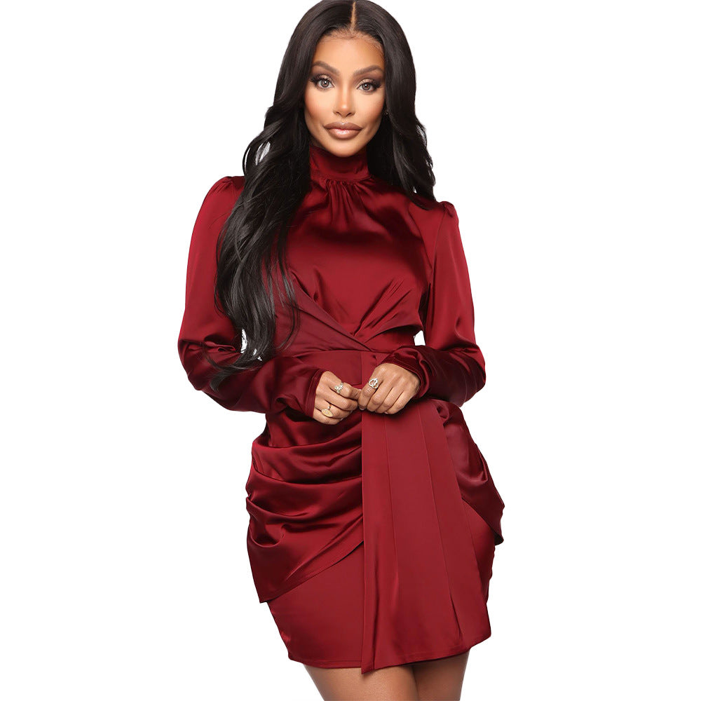 Evarisluxe Pleated Long Sleeve Midi Dress